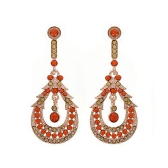 Boho Rose Tone Champagne Crystal Coral Resin Pierced Drop Earrings - Picture 1 of 2